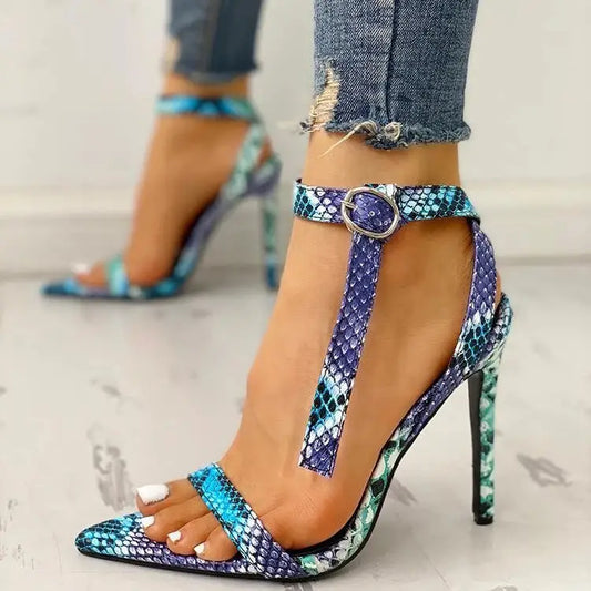 Blue Hollow Out High Heels with Buckle and Artificial PU Upper