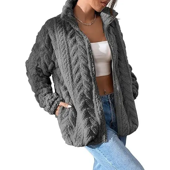Gray, zip-up, cable-knit fleece jacket.