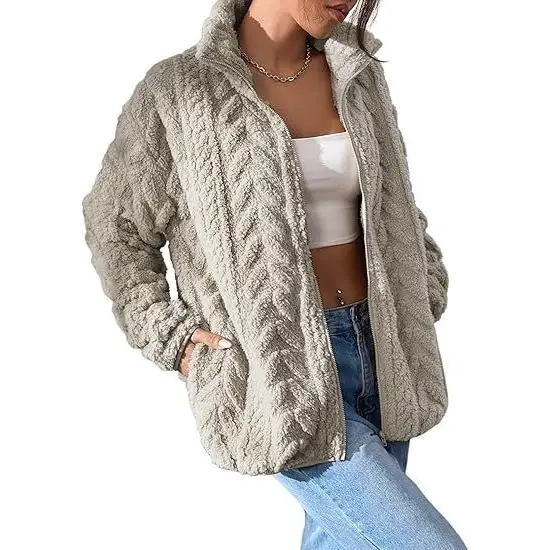 Fuzzy cable-knit zip-up jacket.