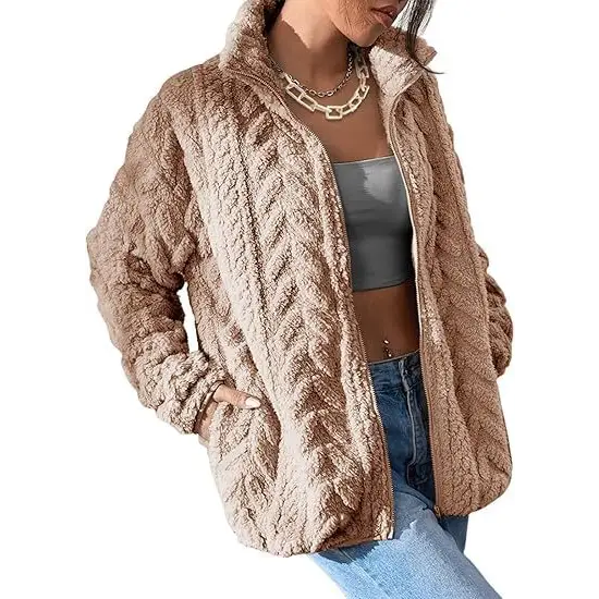 Beige, textured, zip-up fleece jacket.