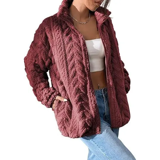 Burgundy textured zip-up jacket.
