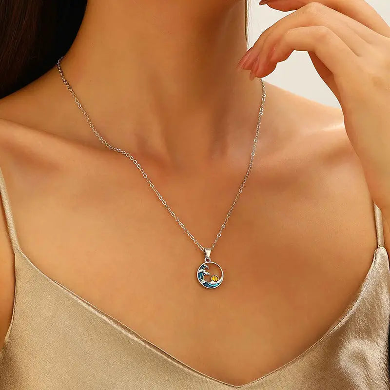Blue Water Drop Pendant Necklace with Silver Chain