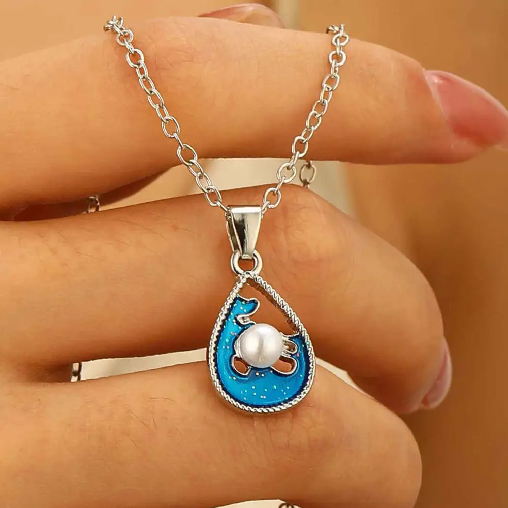 Blue Water Drop Pendant Necklace with Silver Chain
