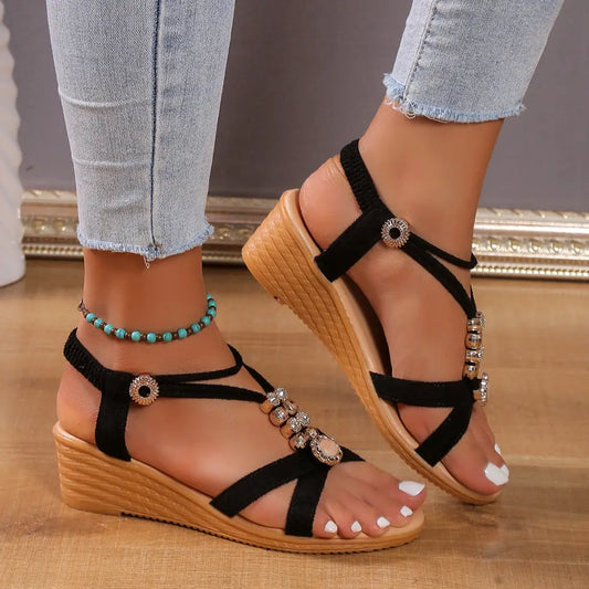 Boho Glide: Beaded Non-slip Wedge Sandals