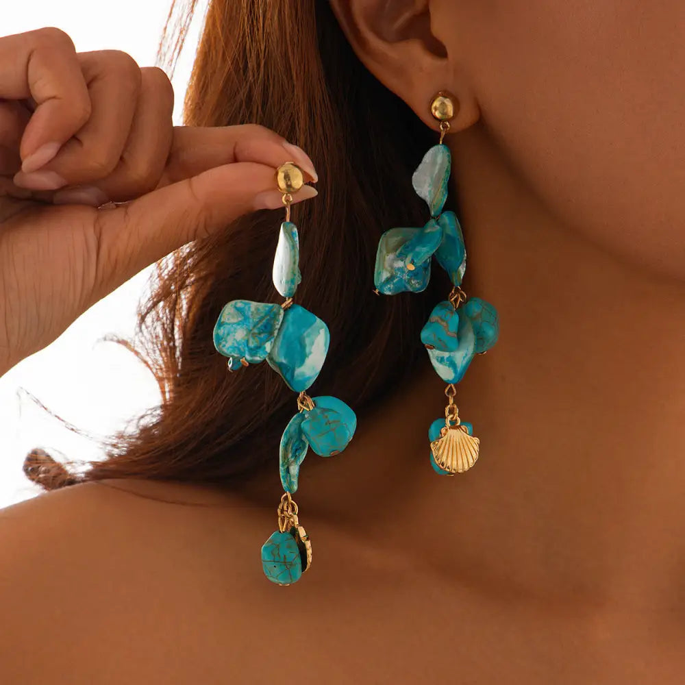 Boho Starfish and Conch Shell Choker Necklace - 01 Ear Studs Gold Blue 3353