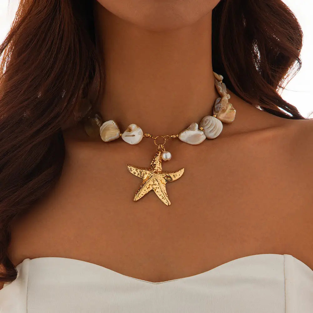 Boho Starfish and Conch Shell Choker Necklace - 02 Necklace Gold 6659