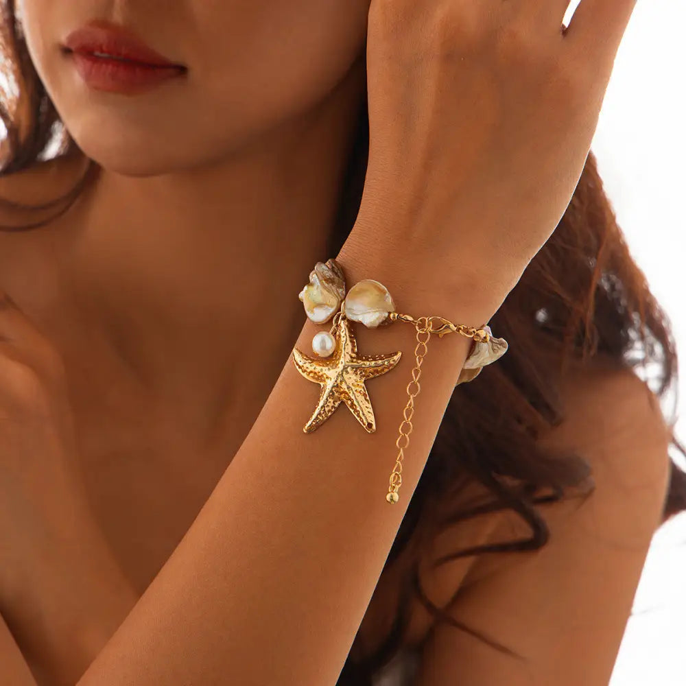 Boho Starfish and Conch Shell Choker Necklace - 03 Bracelet Gold White 2494