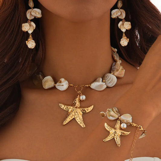 Boho Starfish and Conch Shell Choker Necklace