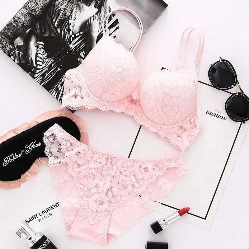 Bra Small Chest Gathered Adjustable Lace Girl Sexy Underwear - Pink / 3270AB