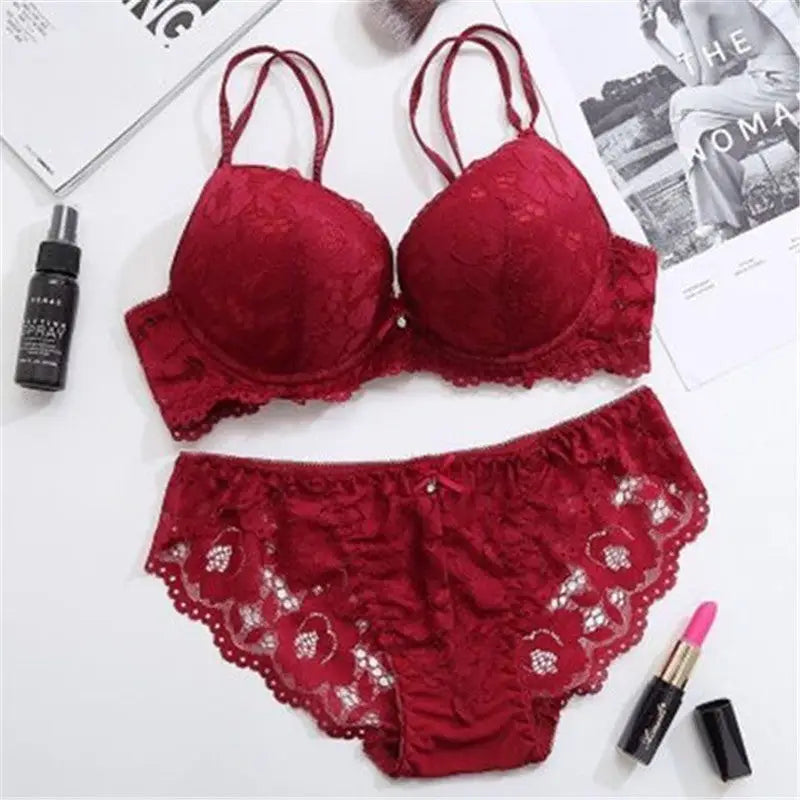 Bra Small Chest Gathered Adjustable Lace Girl Sexy Underwear - Wine Red / 3270AB