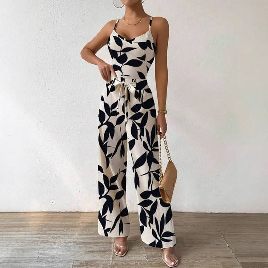 BreezeBloom Elastic Waist Floral Jumpsuit