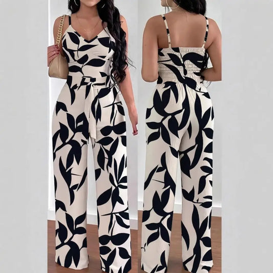 BreezeBloom Elastic Waist Floral Jumpsuit