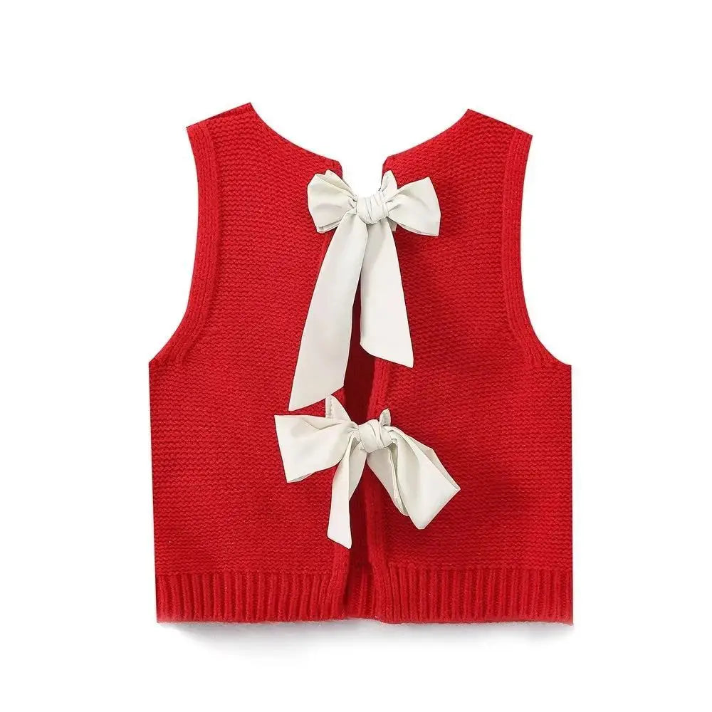 BreezyBow: Women’s Hollow Out Sweater Vest - Red Back Lace Up / S