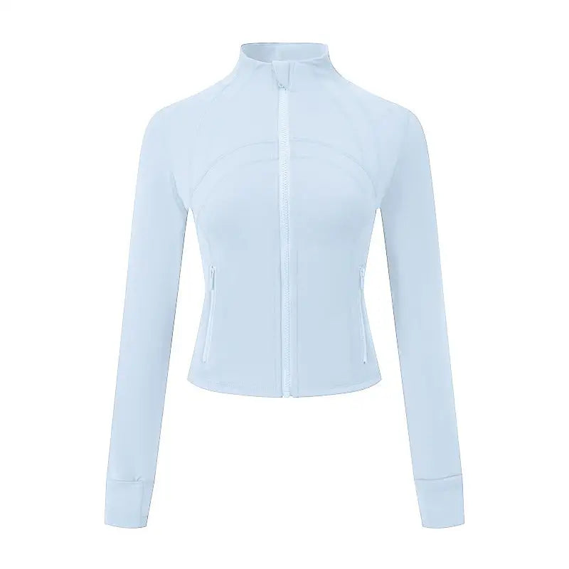 Light blue athletic zip-up jacket.