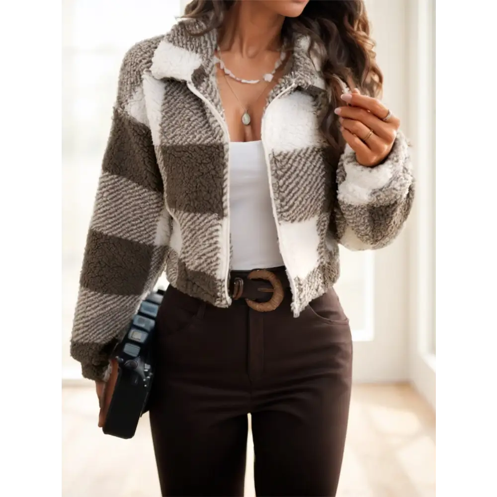 Brown and white checkered fleece jacket.