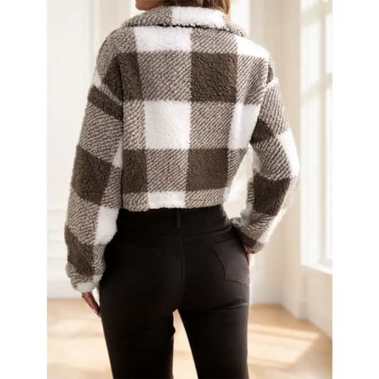 Brown and white checkered fleece jacket.