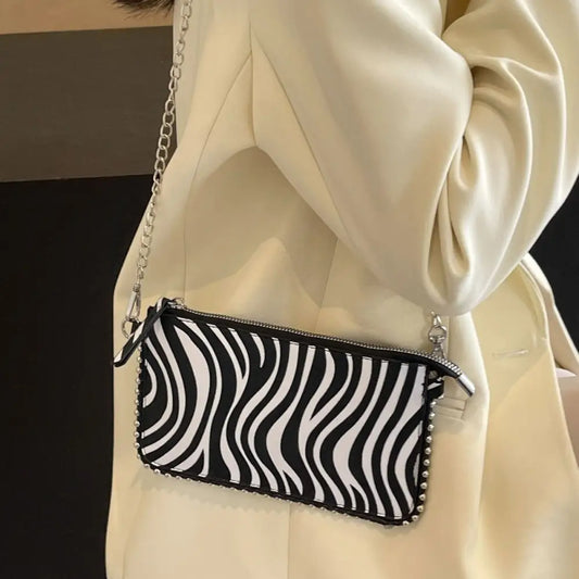 Brown and White PU Suitcase Style Square Shoulder Bag with Chain Trend Style