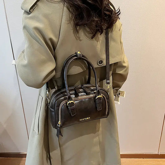 Brown Medium Soft PU Crossbody Bag Suitcase Style