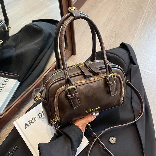 Brown Medium Soft PU Crossbody Bag Suitcase Style