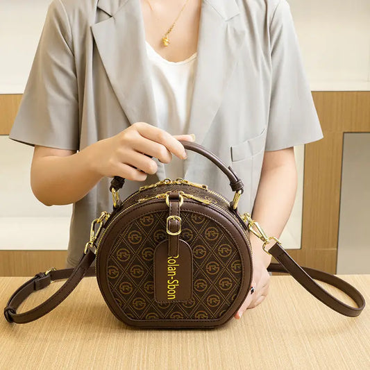Brown Plaid Apricot PU Cylinder Bag with Multiple Inner Compartments