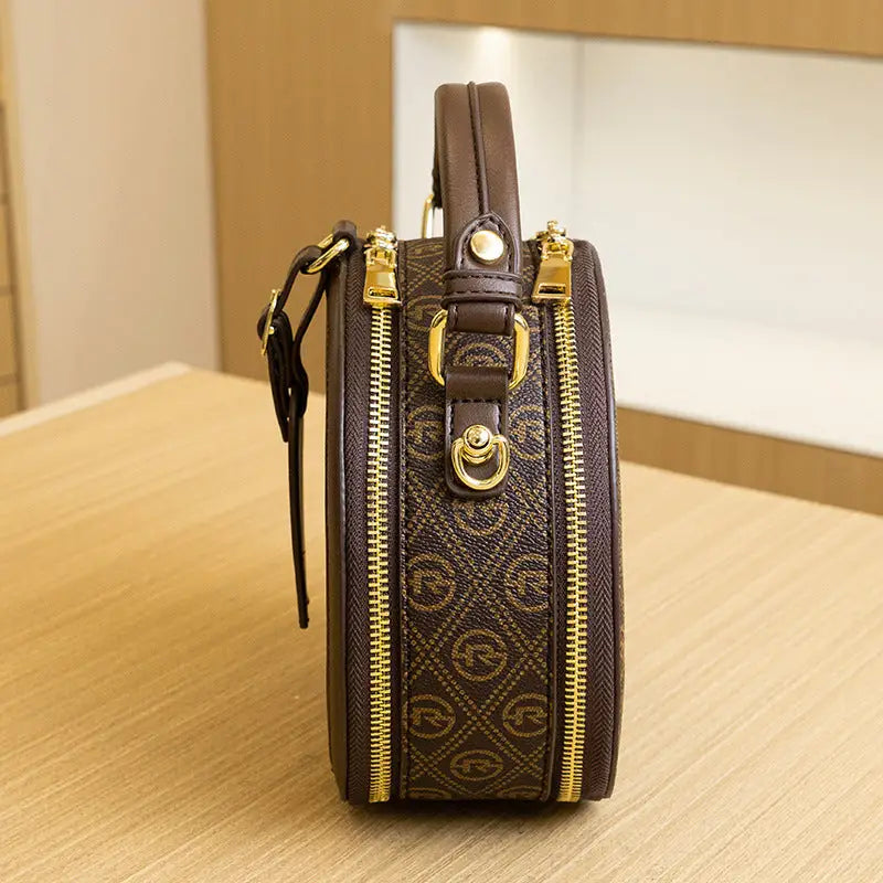 Brown Plaid Apricot PU Cylinder Bag with Multiple Inner Compartments