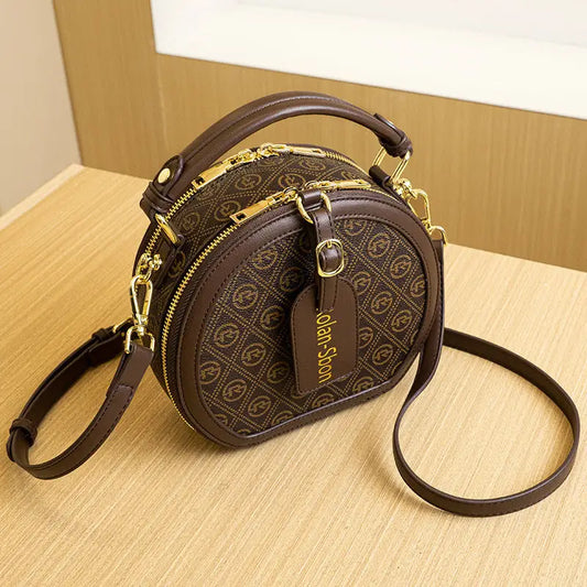 Brown Plaid Apricot PU Cylinder Bag with Multiple Inner Compartments