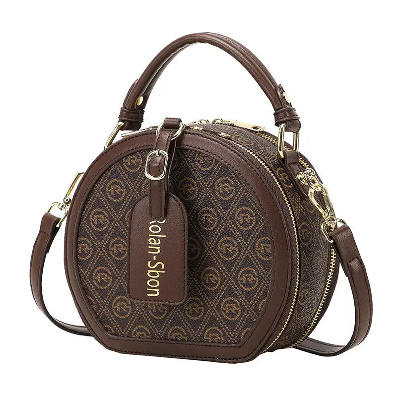 Brown Plaid Apricot PU Cylinder Bag with Multiple Inner Compartments