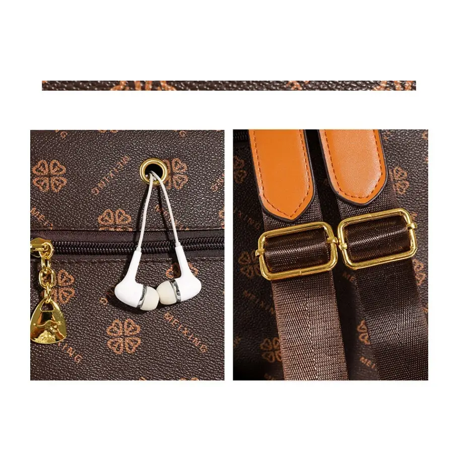 Brown PU Shoulder Bag with Letter Stitching and Multiple Pockets - Brown