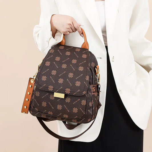 Brown PU Shoulder Bag with Letter Stitching and Multiple Pockets - Brown