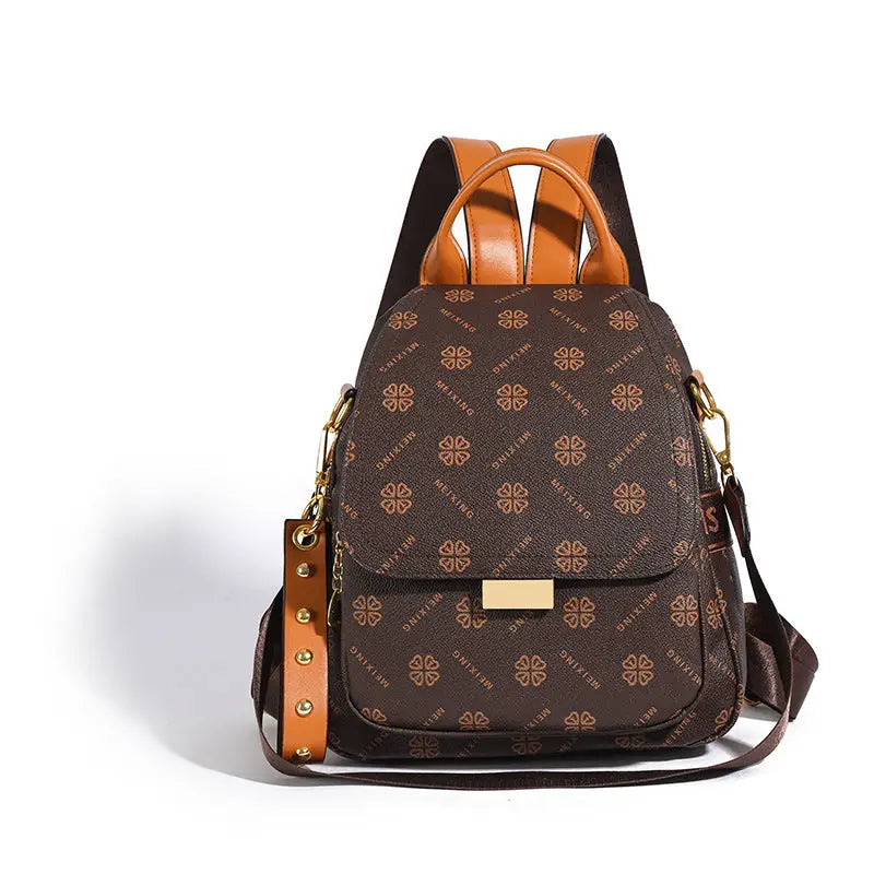 Brown PU Shoulder Bag with Letter Stitching and Multiple Pockets - Brown