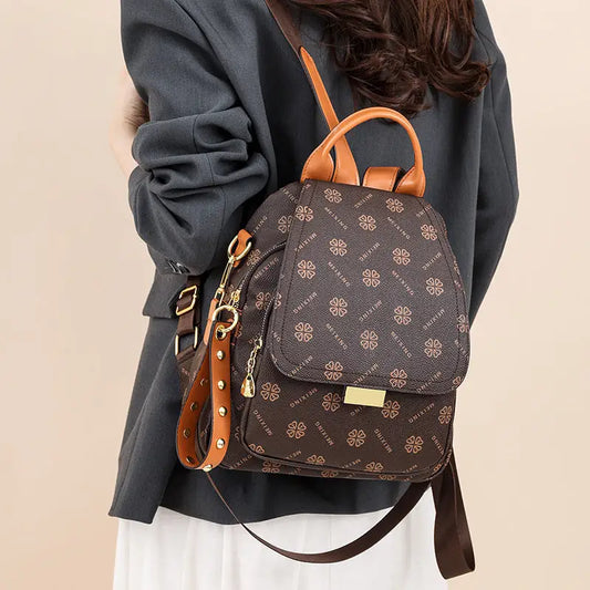 Brown PU Shoulder Bag with Letter Stitching and Multiple Pockets - Brown