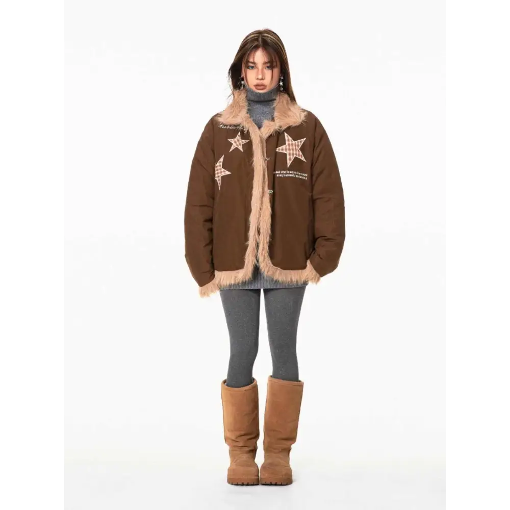 Brown jacket with fur trim.