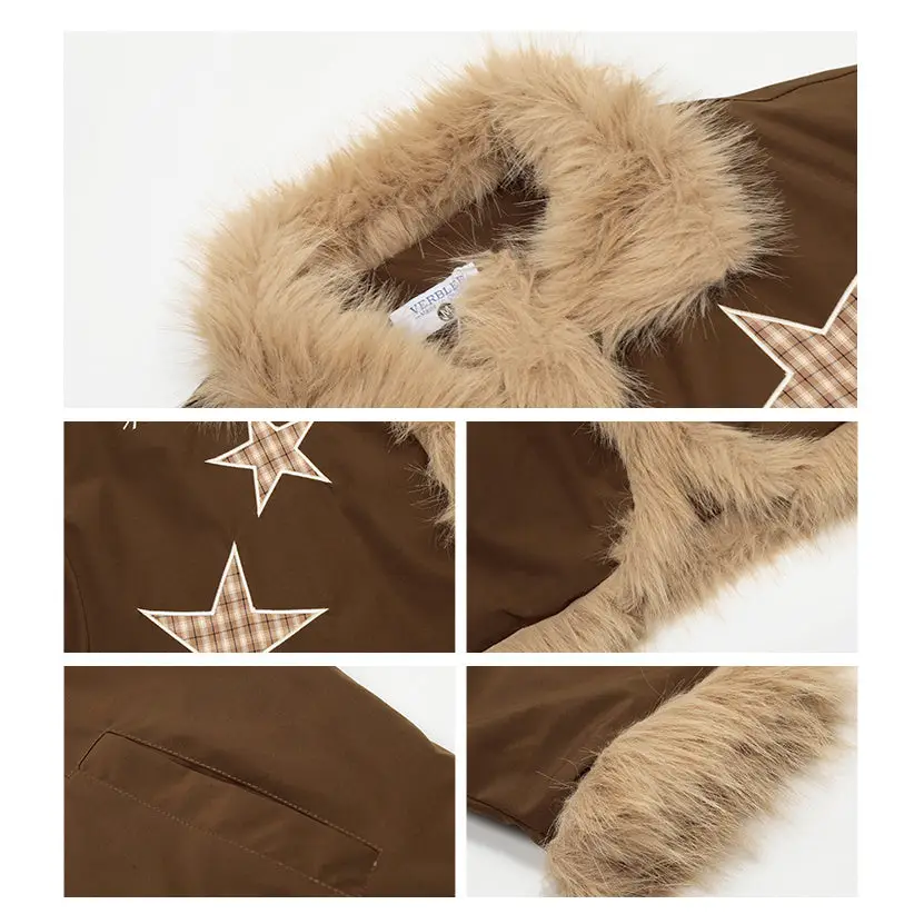 Brown jacket with fur collar and plaid star accents.