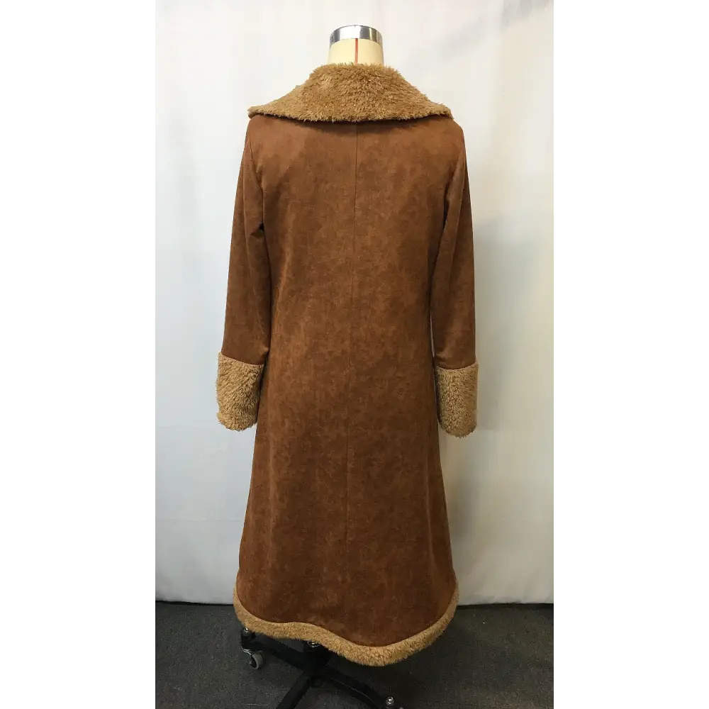 Brown suede coat with faux fur trim.