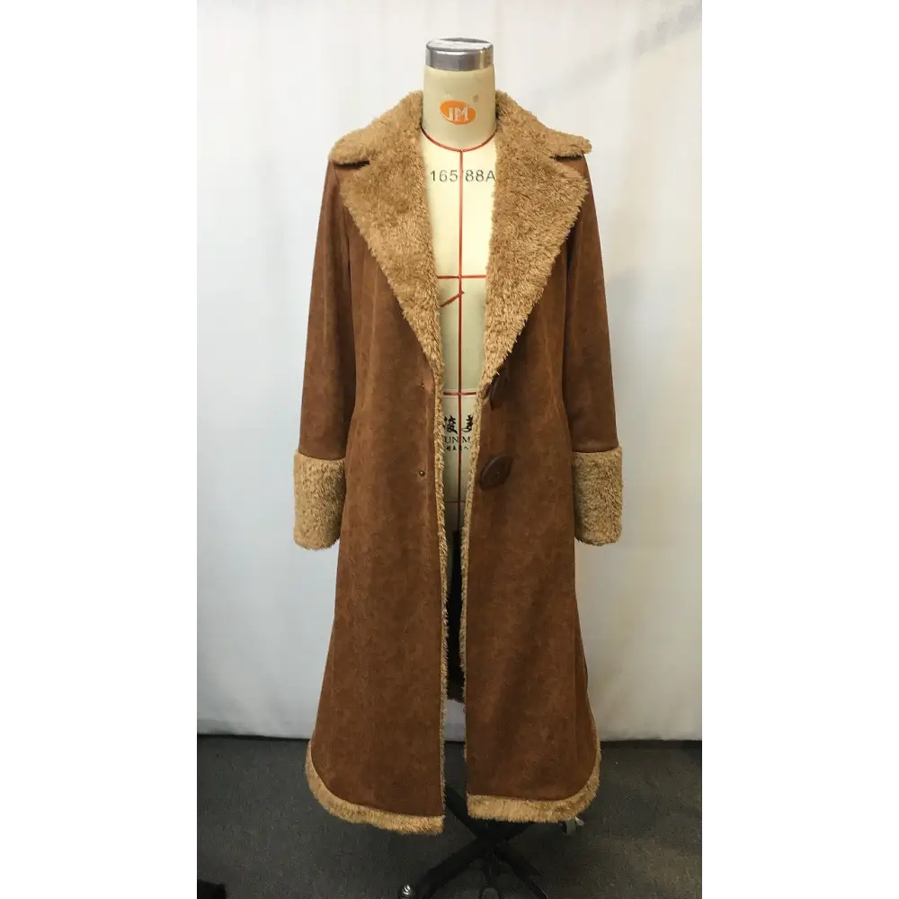 Brown suede coat with fur trim.