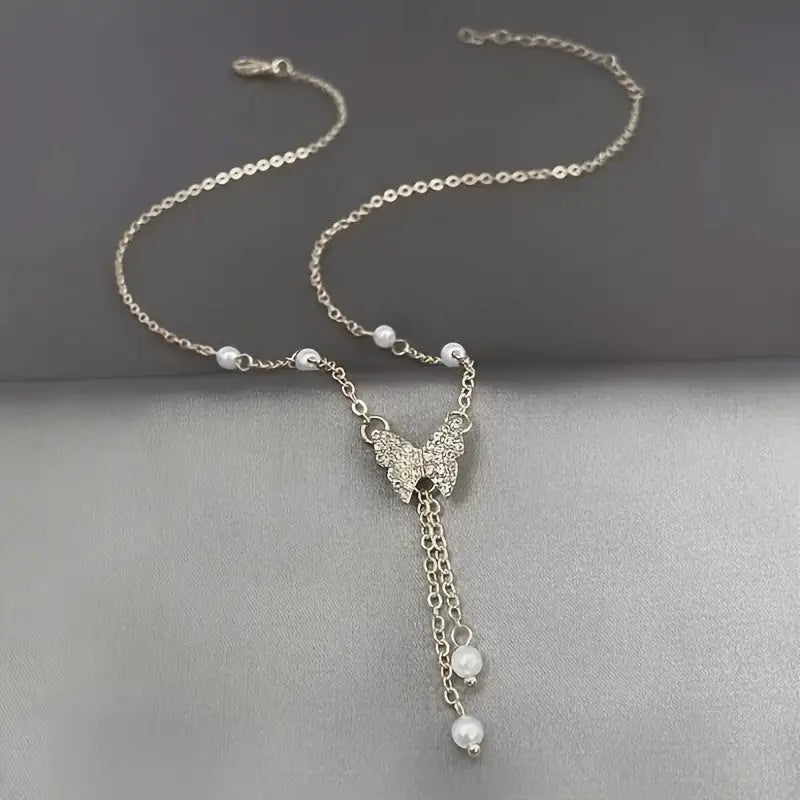 Butterfly Pearl Charm Necklace - All-Match Style - Silver