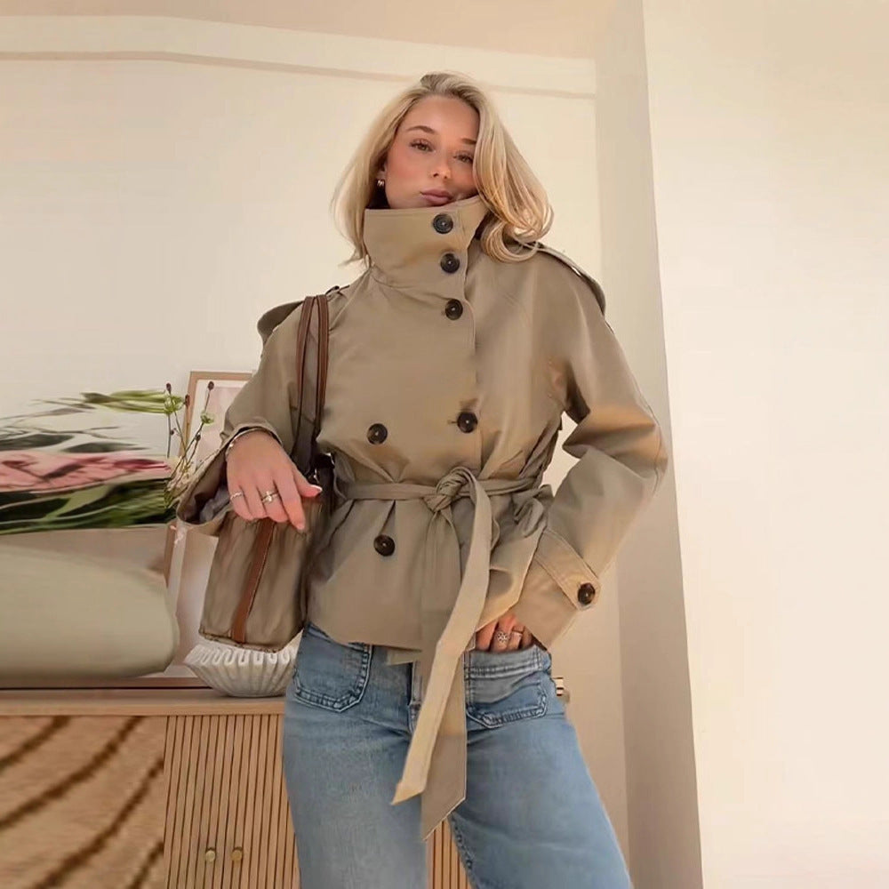 Vintage Lace-Up Double Breasted Short Trench Coat - LauBelle