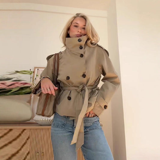 Vintage Lace-Up Double Breasted Short Trench Coat - LauBelle