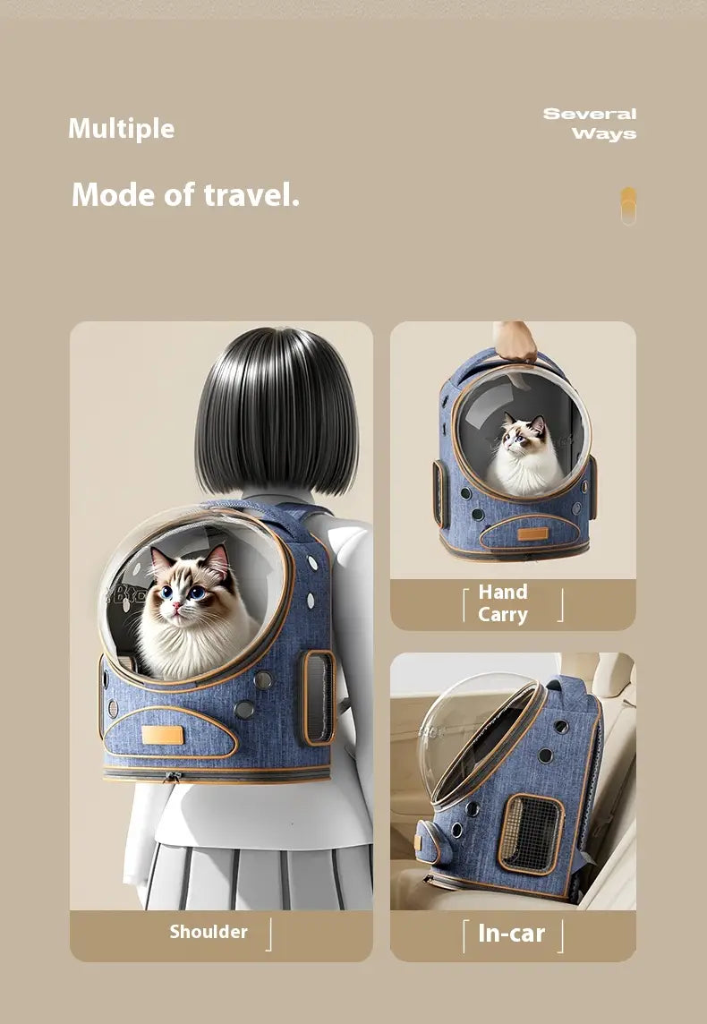 Panoramic Transparent Window Cat Backpack Denim Blue or Linen Gray