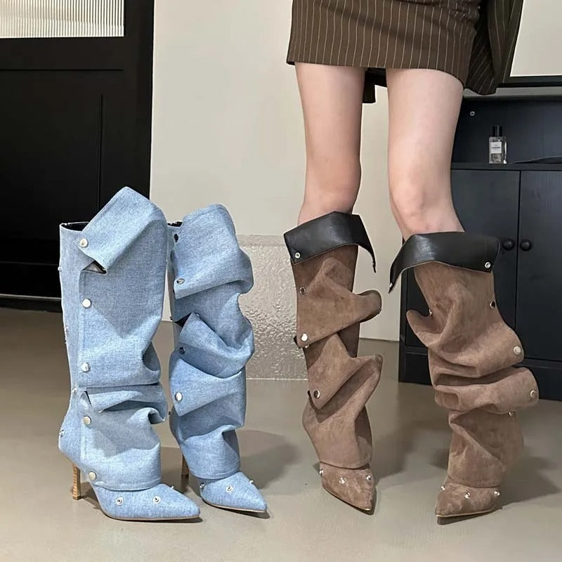 Denim Pleated Buckle Stiletto Boots for Women - LauBelle