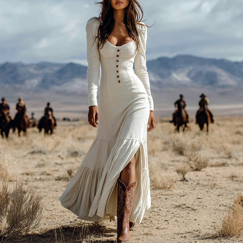 Vintage Western Ruffle Maxi Dress with Lace Trim - LauBelle