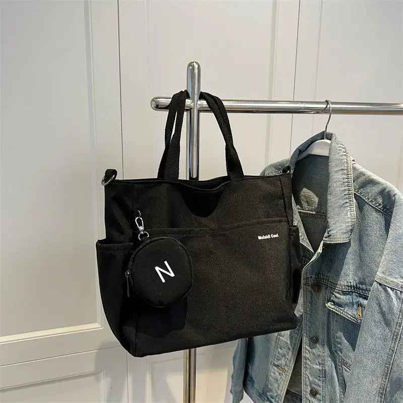 Canvas Crossbody Bag with Wallet Black White Khaki - Black