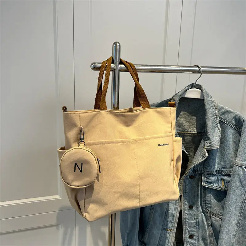 Canvas Crossbody Bag with Wallet Black White Khaki - Khaki