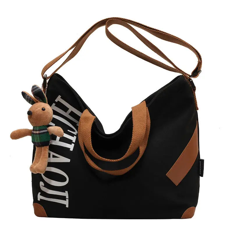 Canvas Shoulder Bag with Pendant and Ribbon Options