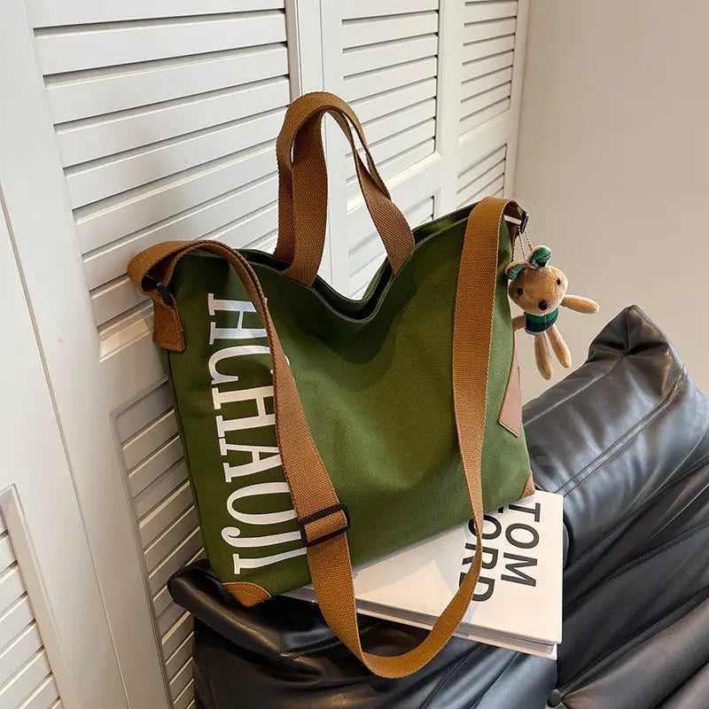 Canvas Shoulder Bag with Pendant and Ribbon Options - Green With Pendant