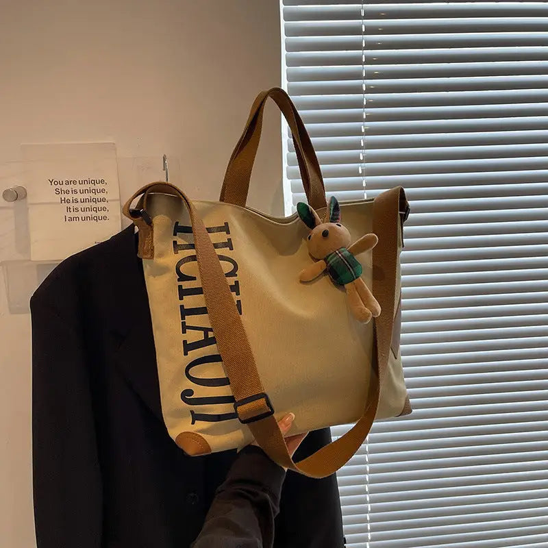 Canvas Shoulder Bag with Pendant and Ribbon Options - Khaki With Pendant