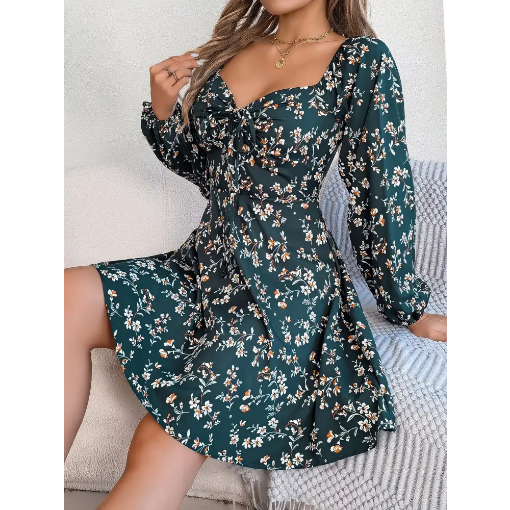 Casual Lace Up Square Collar Floral Print Long Sleeve A- Line Dress - Dark Green / S
