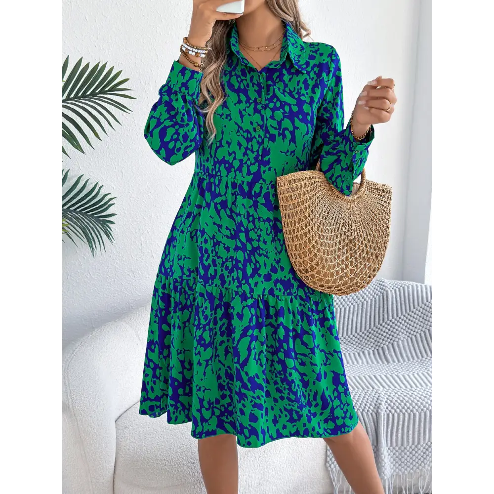 Casual Loose Contrast Color Leopard-print Long-sleeved Shirt Dress - Green / S