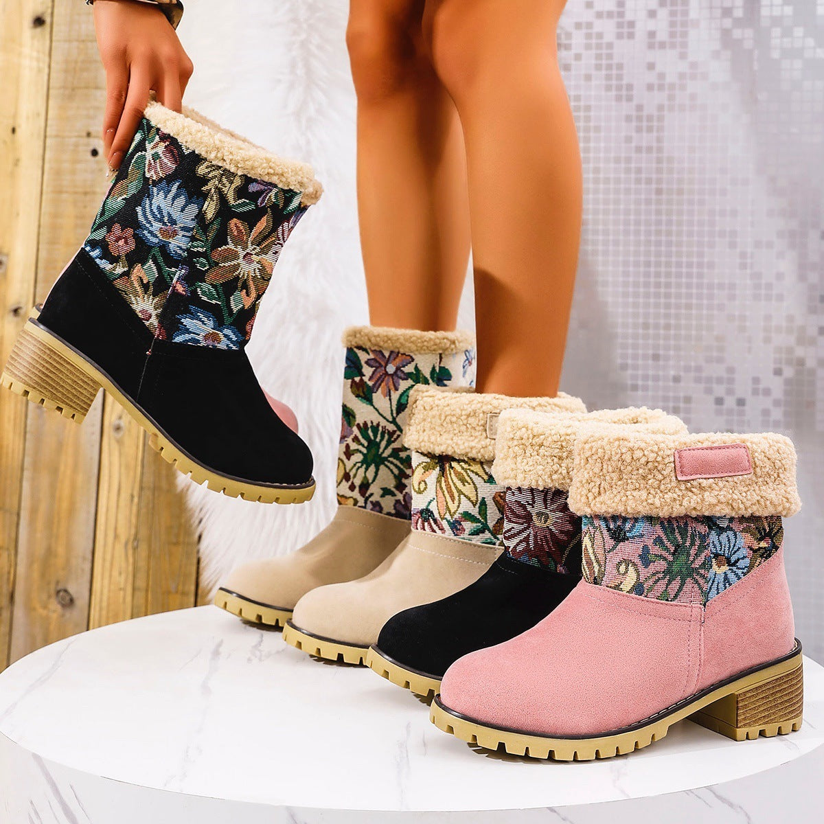 BlossomStitch Ethnic Platform Snow Boots for Women - LauBelle Brand