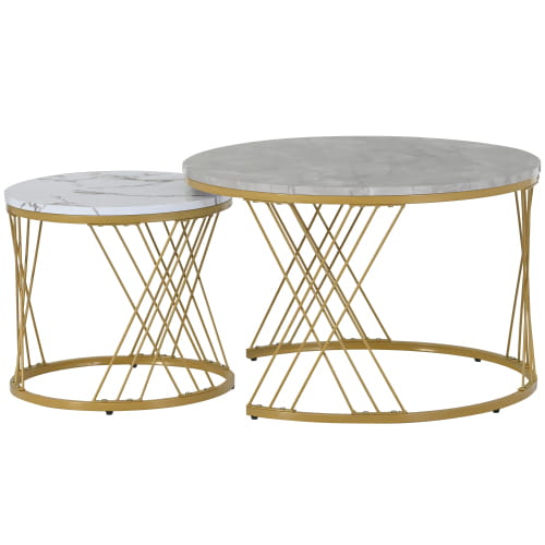 Moderne Nesting Coffee Table Set with Marble Veneer Round End Tables